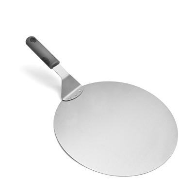 China 12 Inch Food Grade Stainless Steel Pizza Shovel Sustainable Pizza Skin Round Spatula With Plastic Handle for sale