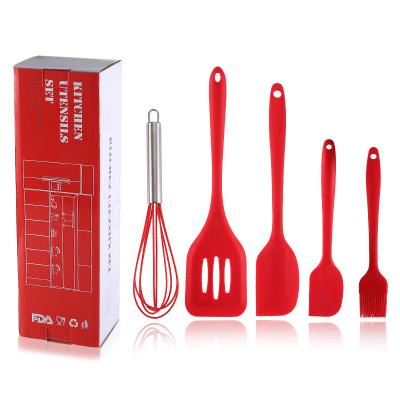 China Sustainable 5 Pcs Cooking Beater Spatula Spoon Red Silicone Kitchen Utensil Set Stainless Steel Handle for sale