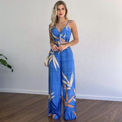 China Brand New Breathable V-Neck Casual Short Vest Suit Women Summer High Waist Printed Wide-Leg Pants Two Pieces For Ladies for sale