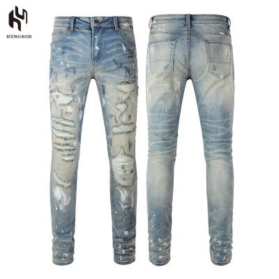 China High Quality Breathable Customize Jeans Mens OEM Factory Bacteriostatic Fiber Luxury Vintage Slim Fit Ripped Pleated Jeans For Men for sale