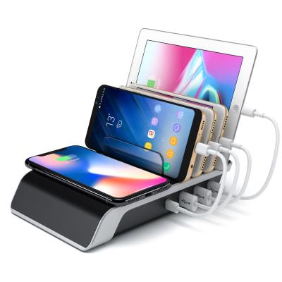 China Smart Watch 5-in-1 Organizer Stand Desktop Charger Multiple Dock Charger Station with 4 USB Ports+Wireless Charging Pad for sale