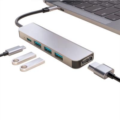 China 5 Ports Mini Portable USB Adapter Desktop USB 3.0 Data Hub for Mac with 4K HD-MI+ USB 3.0 * Type C PD 3+ Port for sale