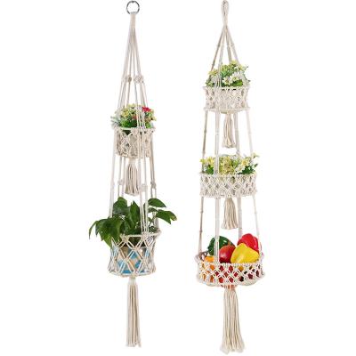 China Eco-Friendly Three-Layer Handwoven Indoor Three-Layer Wall Hanging Bilink Flower Potted Plant Hanger Macrame Cotton Plant Hanging Rope Woven Hanger for sale