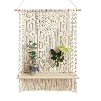 China Eco-friendly Bilink Wooden Storage Hanger Macrame Wall Hanging Shelf Boho Decorative Floating Plants Hanging Shelf for sale