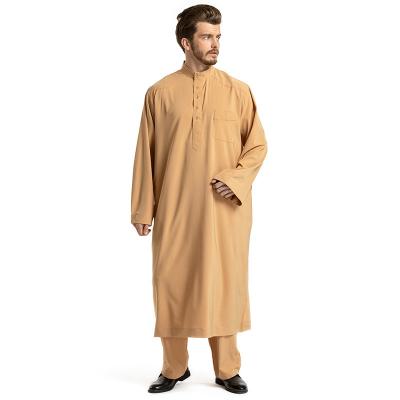 China Breathable Wholesale Ethnic Standing Collar Robe Middle Eastern Arab Men's Solid Color Long Sleeved Robe Set 2 Pieces Muslim Men Clothing for sale