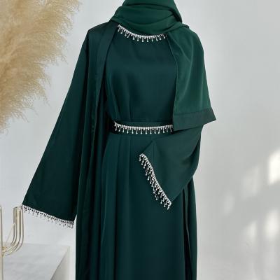 China Anti-pilling Elegant Muslim Silk Open Abaya Dresses Cardigan Kimono Long Robe Solid Color Beaded Dress Gown Jubah EID Arab Islamic Clothing for sale