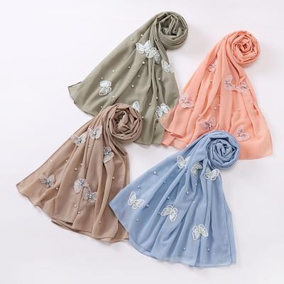 China Multifunction Fashion Muslim Hijabs Shawl Scarf Women Pearl Chiffon Three-dimensional Butterfly Studded Scarf Ethnic Gauze Headscarf for sale