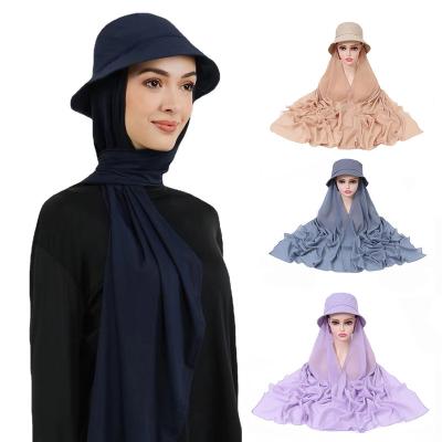 China Daily Life Wear Wholesale Women Chiffon Fisherman's Hat Long Scarf Pearl Chiffon Scarf Cap Instant Hijabs Muslim Caps for sale