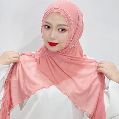 China Breathable Muslim Abaya Jilbab Chiffon Hot Diamond Scarf Solid Color Headband Hat Arabic Bead Elastic Turban Khimar Hijabs for sale