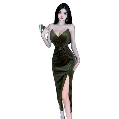 China Breathable Plus Size Sexy Velvet Party Long Evening Dress Women Exotic Split Dresses Babydoll Costume Sexy Lingerie Nightclub Long Dress for sale