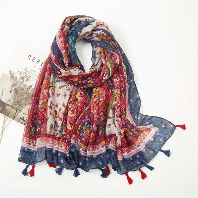 China Multifunction Womens Fashion Scarf Luxury Shawls Foulard Beach Scarf Tassel Cover-ups Wraps Flower Printing Hijab Scarf for sale