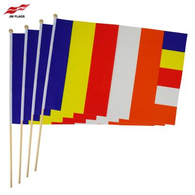 China 100% Goods Polyester Wholesale Buddhism Stick Flag Banner 12*18 Inch Polyester Buddhism Wooden Hand Flags for sale