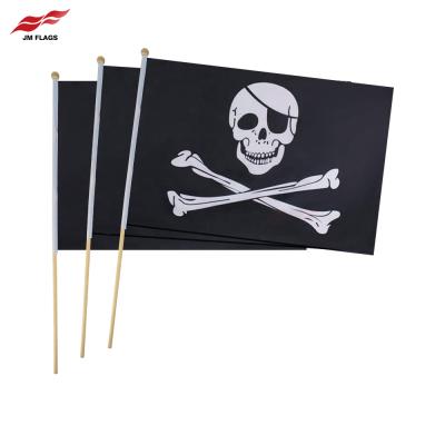 China Durable 100% Polyester Wholesale 11.8*17.7 Inch Pirates Stick Flag Halloween Party Flag Decoration Bone Pirate Hand Flags for sale