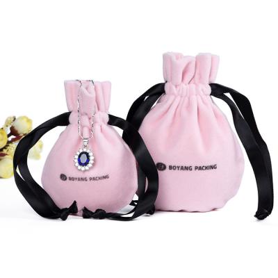 China Recyclable Custom Logo Printed Drawstring Jewelry Packaging Pink Velvet Jewelry Bag Rose Jewelry Pouch for sale