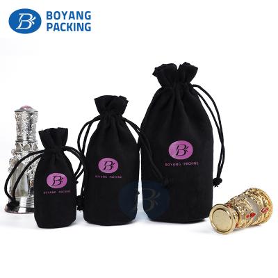 China Recyclable Hot Selling Screen Printing Long Wine Bottle Velvet Pouch Big Round Bottom Drawstring Bag for sale