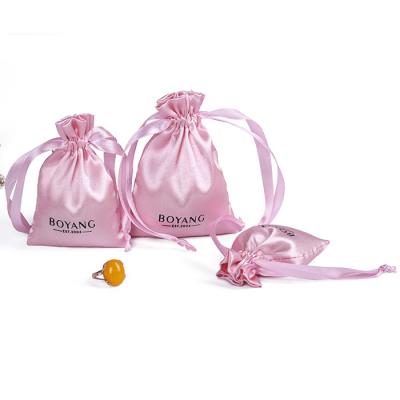 China Wholesale Custom Recyclable Luxury Small Pink Drawstring Hair Extension Silk Satin Pouch Bag for sale