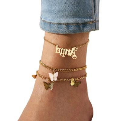 China Wholesale JJ13 Casual/Sporty Lady Three-Layer Butterfly Gold Plated Custom Angle Butterfly Colorful Purple Anklet Chains For Women Girls for sale