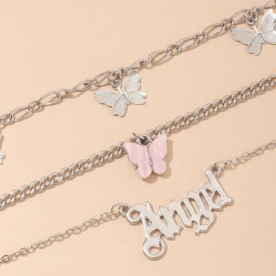 China 3pcs/set Cute Personalized Pink Multilayer Butterfly Temperament Shoes Angel Letter Cuban Anklet Set For Lady for sale