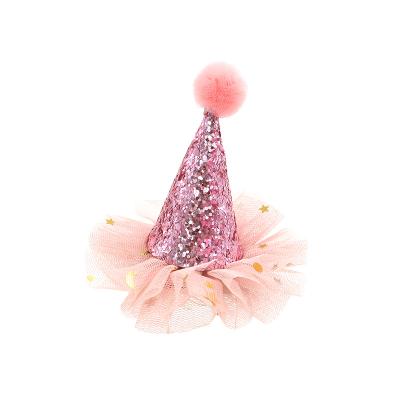 China PU Leather Lace Birthday Party Hat Shaped Soft Hair Clips Hairpins For Kids for sale