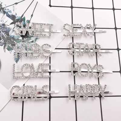 China Silver Metal Word Hair Accessories PUNKS Crystal Rhinestone Paved Letter Hair Clip Bridal Pin for sale