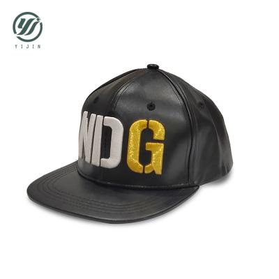 China JOINT Thread Metallic Gold 3D Embroidery Custom Snapback Embroidered Hiphop Hats Stitched PU Leather Hat for sale