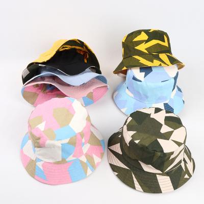 China Character Cotton Double Sided Reversible Flat Top Fisherman Hat Women Tie Dye Bucket Hat With Geometry Pattern for sale