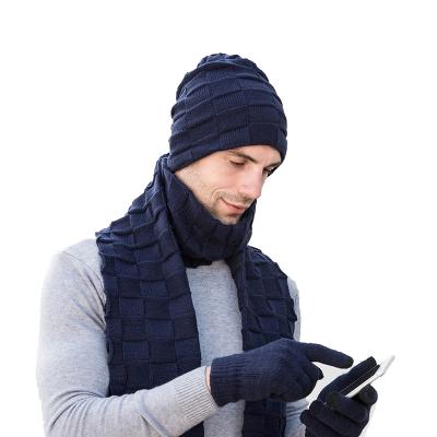 China COMMON Wholesale 3 Pieces Winter Set of Scarf Beanie and Warm Hat Gloves for Men for sale