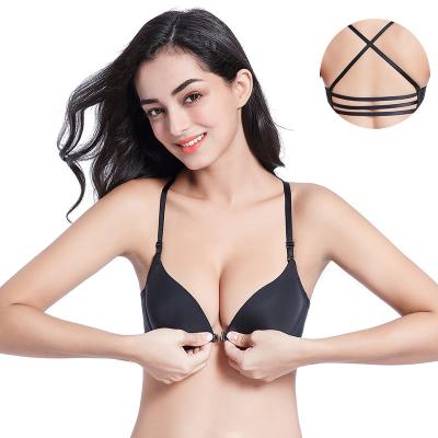 China New Antibacterial Hot Sale Three Strap Cavity Amazon Satin Front Buckle Lingerie Women Cross Back Simple Beauty Bra for sale