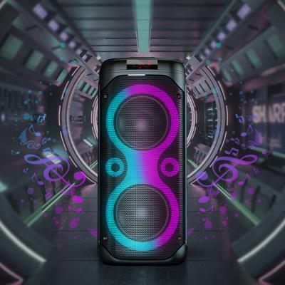 China Colorful Portable Outdoor Subwoofer Loudspeaker Heavy Bass Double 8 Inch 40W LED Light With Wireless Microphone TWS Remote Control Speaker for sale