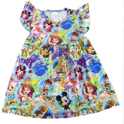 China New arrival casual cartoon children's clothing milk silk print for girls high quality beading dress kids boutique dresses for sale