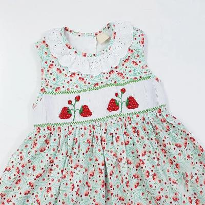 China Baby Toddler Girl Summer Frutti Tutti Embroidery Washable Strawberry Pleated Dress - Green and Red for sale