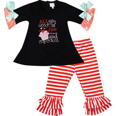 China Embroidery Toddler Little Girls Casual Valentines Day All You Need Is Love And Cupcakes Bows Half Sleeve Tunic Panties Set Black / Stripes for sale