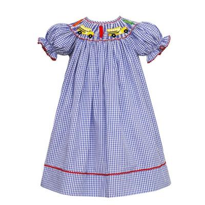 China Casual elastic yellow school bus embroidery blue gingham applique back to school or boutique girls shirt kids dress for sale