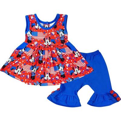 China Baby Kids Toddler Little Girls Casual 4th of July DIS Land Travel Mouse Tank and Cappris Outfit Set-Red Blue for sale