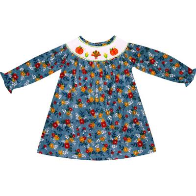 China Little Girls Embroidery Toddler Infant Washable Elastic Baby Girls Fall Thanksgiving Turkey Corduroy Floral Dress - Teal for sale