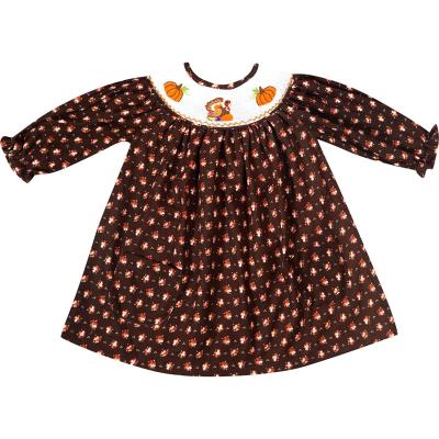 China Embroidery Baby Toddler Girls Thanksgiving Pumpkin Washable Smocked Dress - Brown Four Clover for sale