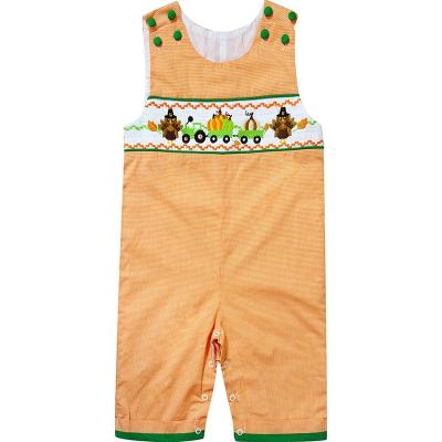 China Gingham Orange Brown Embroidery Baby Toddler Little Boys Thanksgiving Turkey Embroidery Longall Washable Overalls for sale