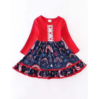 China Anti-wrinkle spring Valentine's Day girls sleeves long pirouette dress children's red love print boutique wholesale fashion quilled beautiful for sale