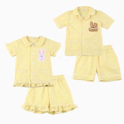 China 2022 Summer Girls Sleepwear Cotton Seersucker Plaid Baby Casual Kids Easter Bunny Pajamas For Boys And Girls Sets for sale