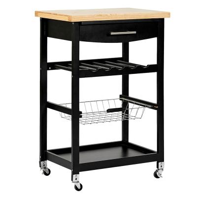 China PANEL Movable Kitchen Racks Island Table Kitchen Pine Wood MDF Wine Shelf Storage Cart Modern Rubber Wooden Kitchen Cart for sale