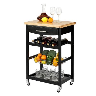 China PANEL Movable Kitchen Racks Modern Island Table Kitchen Pine Wood MDF Wine Rack Microwave Rubber Wooden Cart for sale