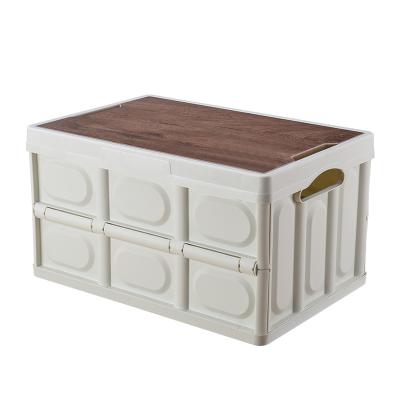 China 56L Folding Plastic Camping Storage Bin Packing Storage Box Camping Storage Box With Wooden Lids For Outdoor Storage for sale