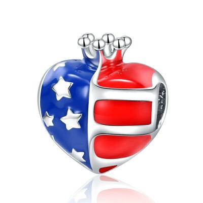 China TRENDY 925 Sterling Silver American Flag Heart Love Bead Enamel Bead Bracelet For Women Fine Jewelry for sale