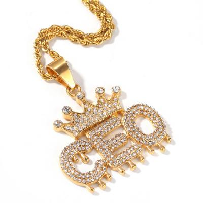 China Hiphop hiphop factory price iced out drip initial CEO necklace crown letter necklace for sale