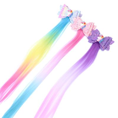 China Hairpin Hot selling scallion powder shiny bow unicorn children's tassel straight hair wig headwear hair top clip for sale