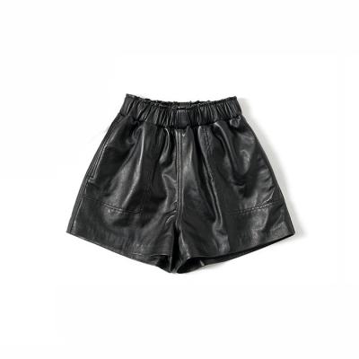 China Breathable black leather high waisted elastic shorts for women with pockets for sale