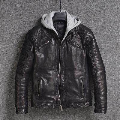 China Winter Breathable Custom Men's Real Leather Veg. Tanned garment wash jacket with hood for sale