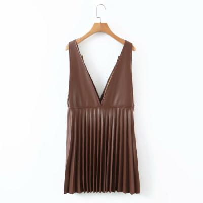 China Summer Series Vegan Sleeveless V-Neck Dress Dress Custom Made Breathable PU Leather Fancy Dress for sale