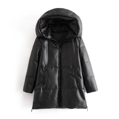 China Windproof Stripper Padded Winter Pu Leather Coat With Big Hood For Women for sale