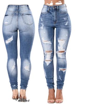 China Factory sale high quality viable jeans high waist casual hole ripped denim pants vintage women female slim jeans for sale